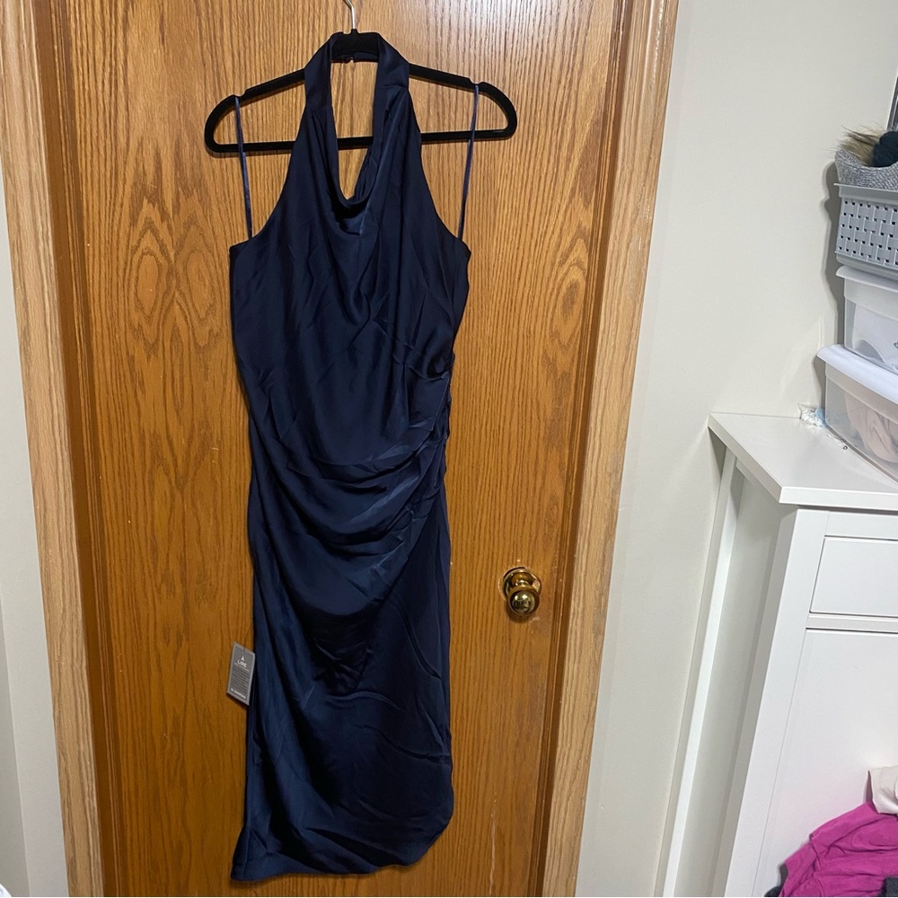 Draped Halter Neck Satin Midi Dress